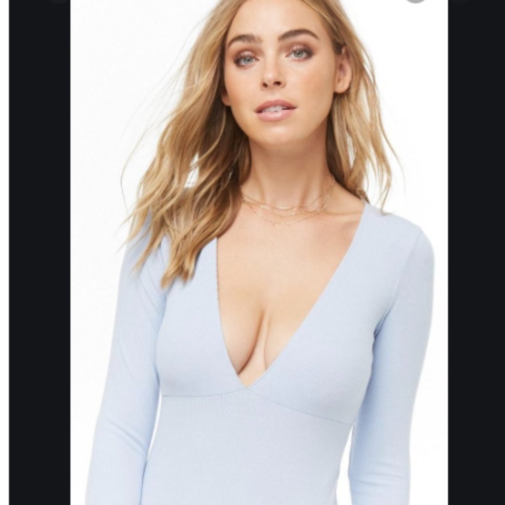 NWT Forever 21 Blue Bodysuit Plunging V-Neck  Med.